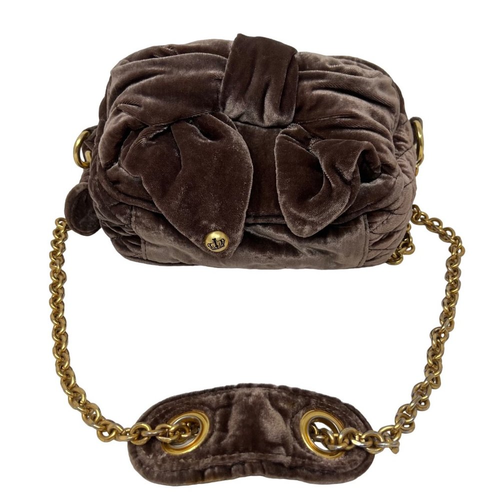 Juicy Couture Brown Velvet‎ Bow Chain Strap Crossbody Purse Top Zip 8" Wide - Picture 4 of 13
